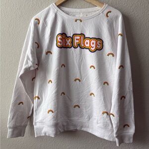 Six Flags White Sweatshirt with Rainbow Accents
